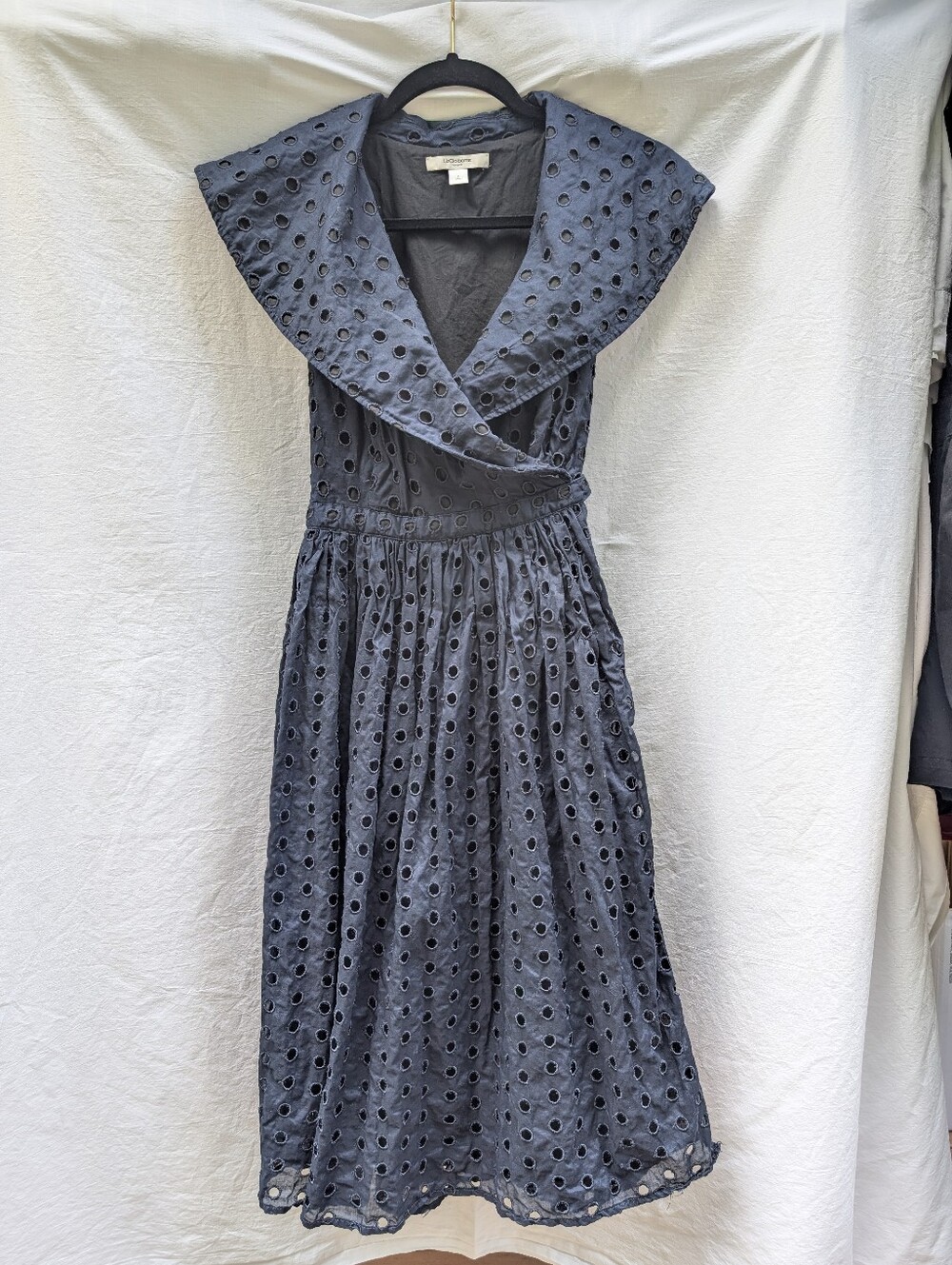 Liz Claiborne Vintage Embroidered Eyelet Wrap Dress Navy Cotton Sz 6